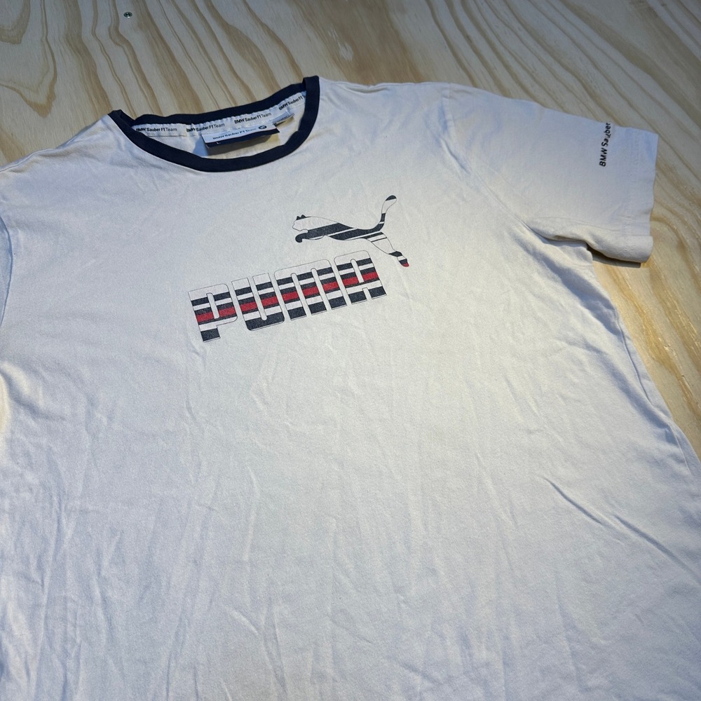 Puma BMW Sauber F1 Team Mens Large White Ringer Graphic T-Shirt